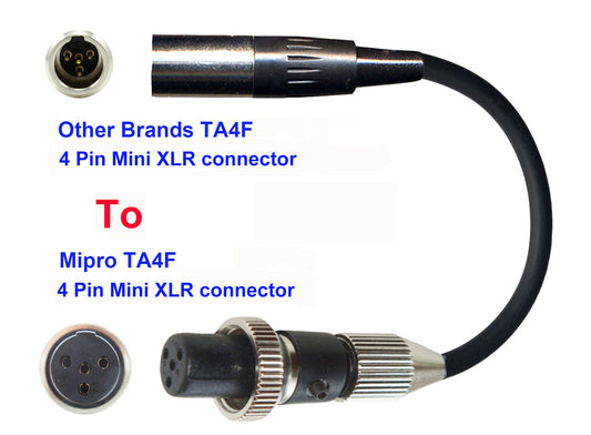 Microphone Adapter - Other Brands Microphones with TA4F 4 pin mini XLR connector TO Mipro Transmitters with 4 Pin TA4M Locking connector
