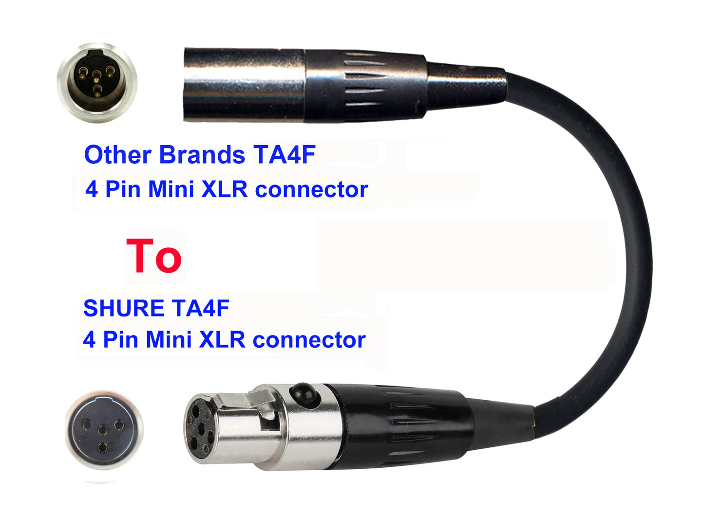 Microphone Adapter - Other Brands Microphones with TA4F 4 pin mini XLR connector TO Shure Transmitters with 4pin TA4M connector