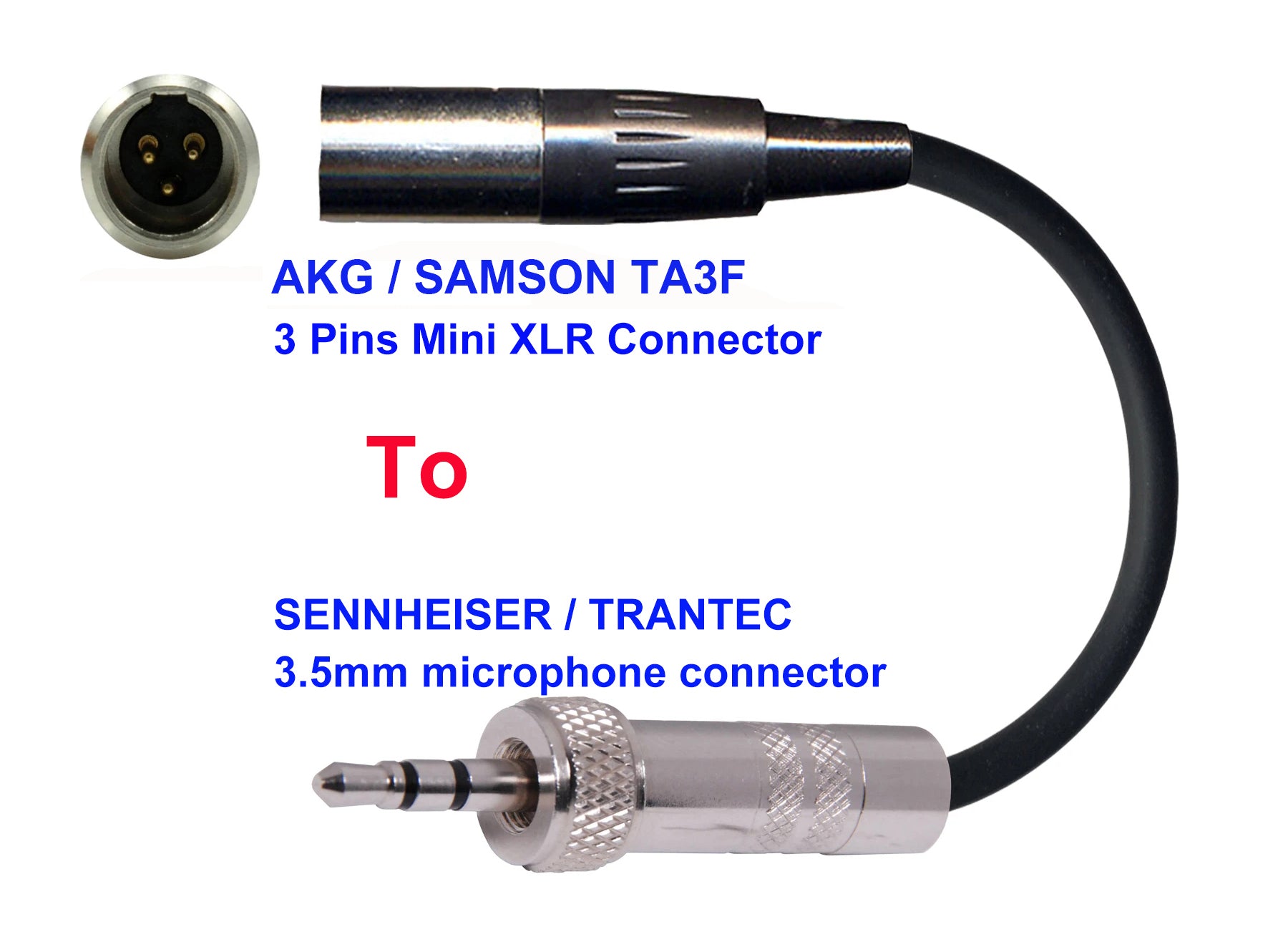 Microphone Adapter AKG Samson Microphones with TA3F pin mini XLR connector TO Sennheiser Trantec Transmitters with locking connector