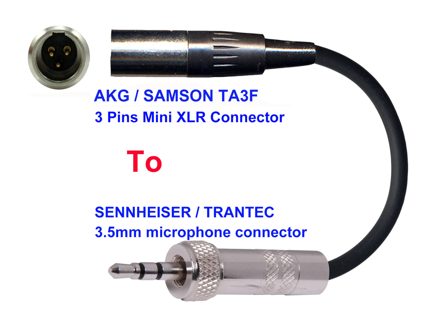 Microphone Adapter - AKG / Samson Microphones with TA3F 3 pin mini XLR connector TO Sennheiser / Trantec Transmitters with 3.5mm locking connector