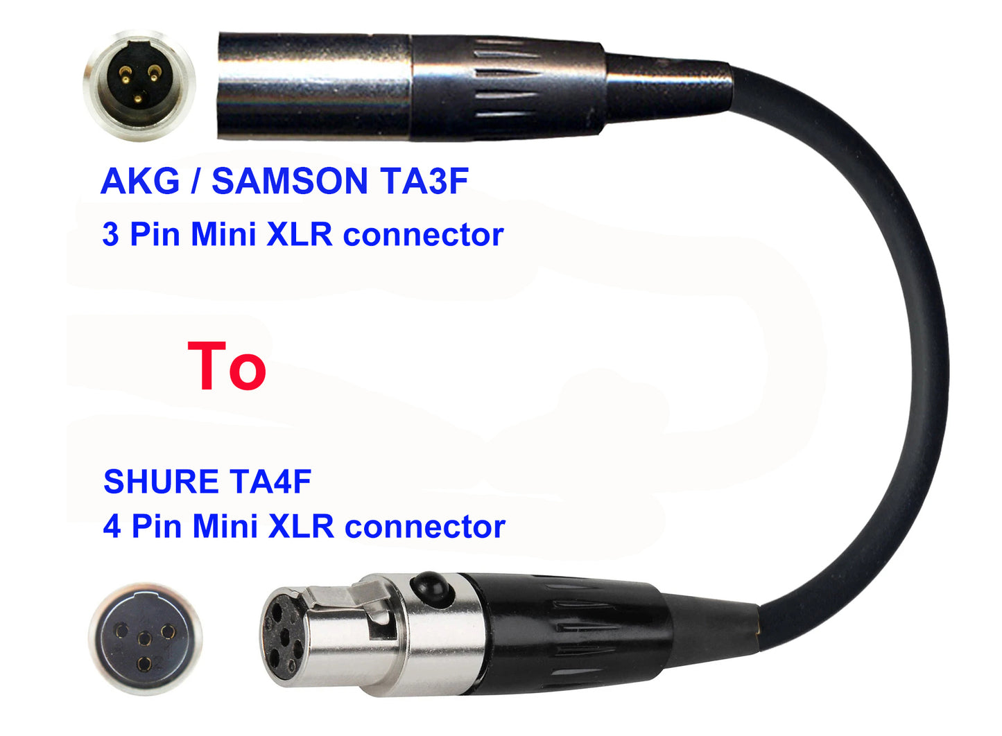 Microphone Adapter - AKG / Samson Microphones with TA3F 3 pin mini XLR connector TO Shure Transmitters with 4 pin TA4M connector