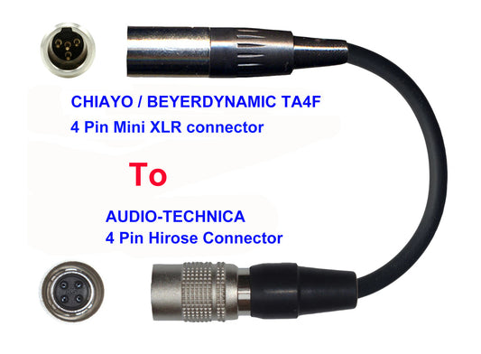 Microphone Adapter - Chiayo / JTS / Line6 / Beyerdynamic Microphones with TA4F 4 pin mini XLR connector TO Audio-Technica Transmitters with 4 pin TA4M connector