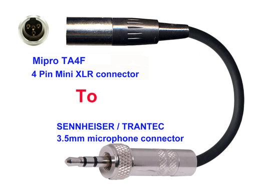 Microphone Adapter - Mipro Microphones with TA4F 4 pin mini XLR Locking connector TO Sennheiser / Trantec Transmitters with 3.5mm Locking connector