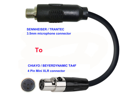 Microphone Adapter - Sennheiser / Trantec Microphones with 3.5mm Locking connector TO Chiayo / JTS / Line6 / Beyerdynamic Transmitters with 4 pin TA4M connector