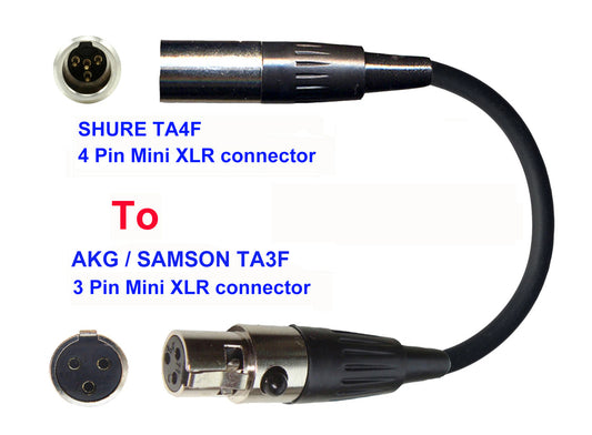 Microphone Adapter - Shure Microphones with TA4F 4 pin mini XLR connector TO AKG / Samson Transmitters with 3 Pin TA3M connector