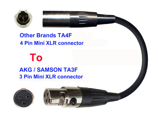 Microphone Adapter - Other Brands Microphones with TA4F 4 pin mini XLR connector TO AKG / Samson Transmitters with 3 Pin TA3M connector