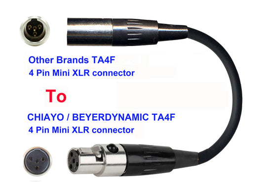 Microphone Adapter - Other Brands Microphones with TA4F 4 pin mini XLR connector TO Chiayo / JTS / Line6 / Beyerdynamic Transmitters with 4 pin TA4M connector