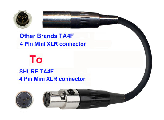 Microphone Adapter - Other Brands Microphones with TA4F 4 pin mini XLR connector TO  Shure Transmitters with 4pin TA4M connector