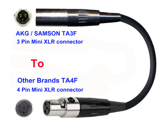 Microphone Adapter - AKG / Samson Microphones with TA3F 3 pin mini XLR  connector TO Other Brands Transmitters with 4 pin TA4M connector