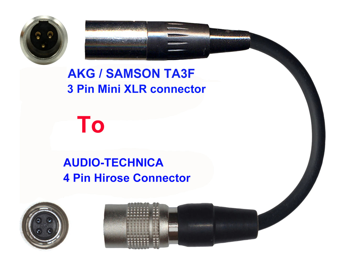 Microphone Adapter - AKG / Samson Microphones with TA3F 3 pin mini XLR  connector TO Audio-Technica Transmitters with 4 pin Hirose connector