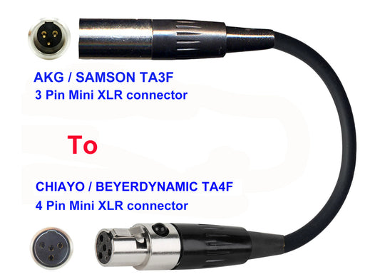 Microphone Adapter - AKG / Samson Microphones with TA3F 3 pin mini XLR  connector TO Chiayo / JTS / Line6 / Beyerdynamic Transmitters with 4 pin TA4M connector