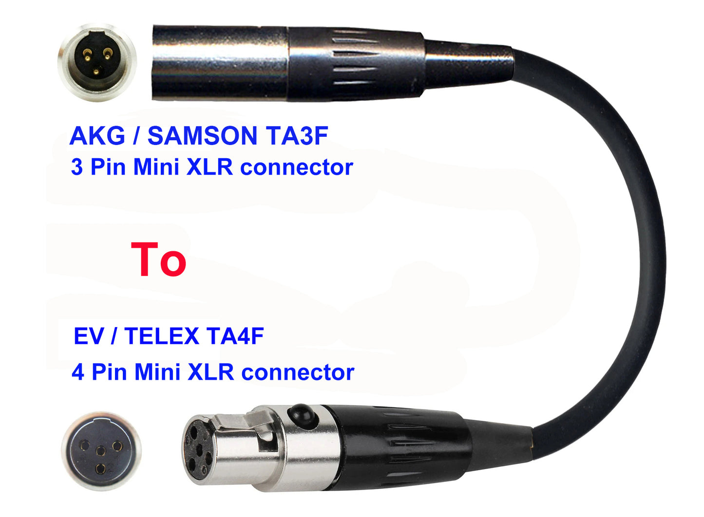 Microphone Adapter - AKG / Samson Microphones with TA3F 3 pin mini XLR  connector TO EV / Telex Transmitters with 4 pin TA4M connector