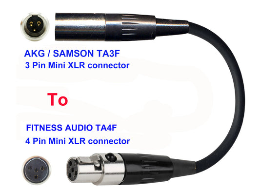 Microphone Adapter - AKG / Samson Microphones with TA3F 3 pin mini XLR  connector TO Fitness Audio Transmitters with 4 pin TA4M connector