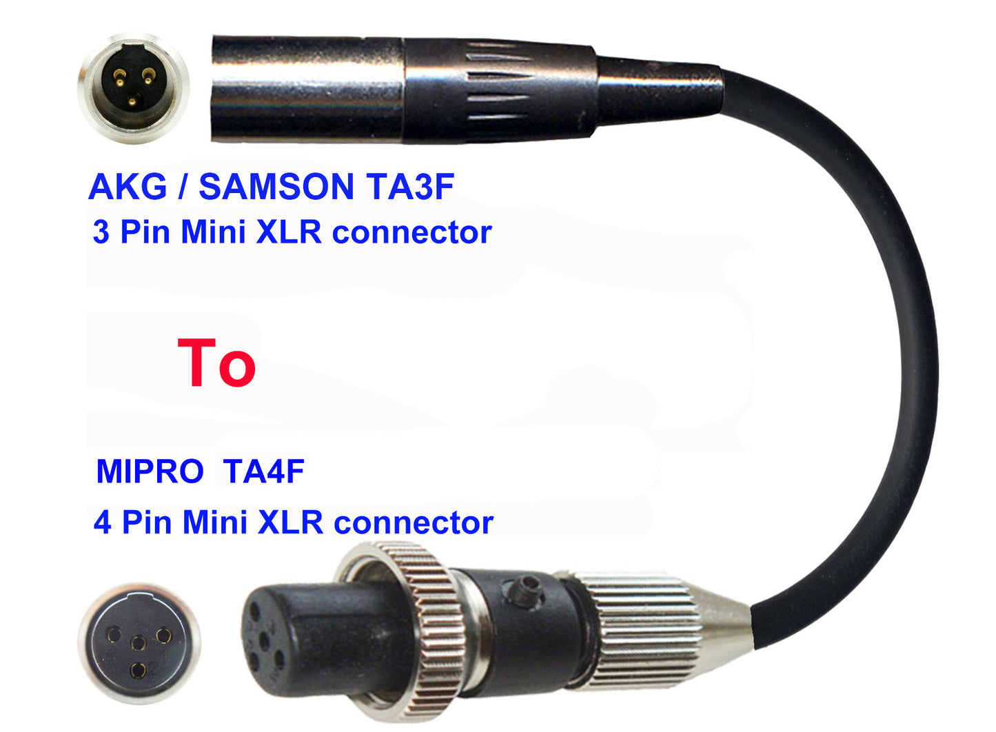 Microphone Adapter - AKG / Samson Microphones with TA3F 3 pin mini XLR  connector TO Mipro Transmitters with 4 pin TA4M Locking connector