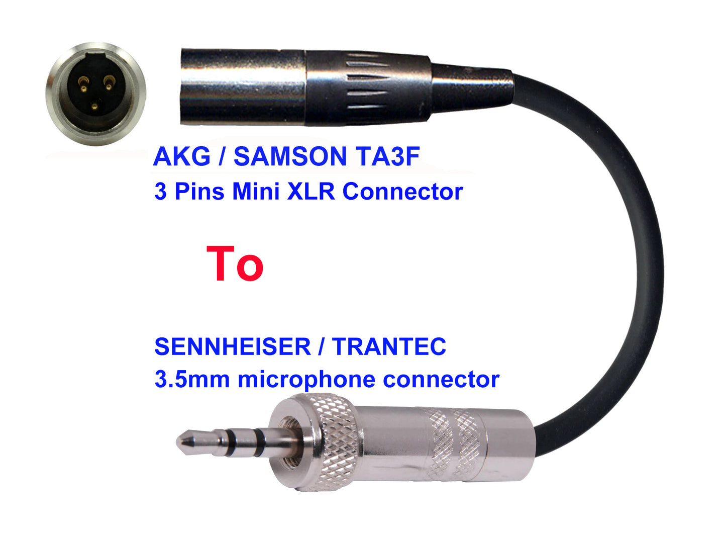 Microphone Adapter - AKG / Samson Microphones with TA3F 3 pin mini XLR  connector TO Sennheiser / Trantec Transmitters with 3.5mm locking connector