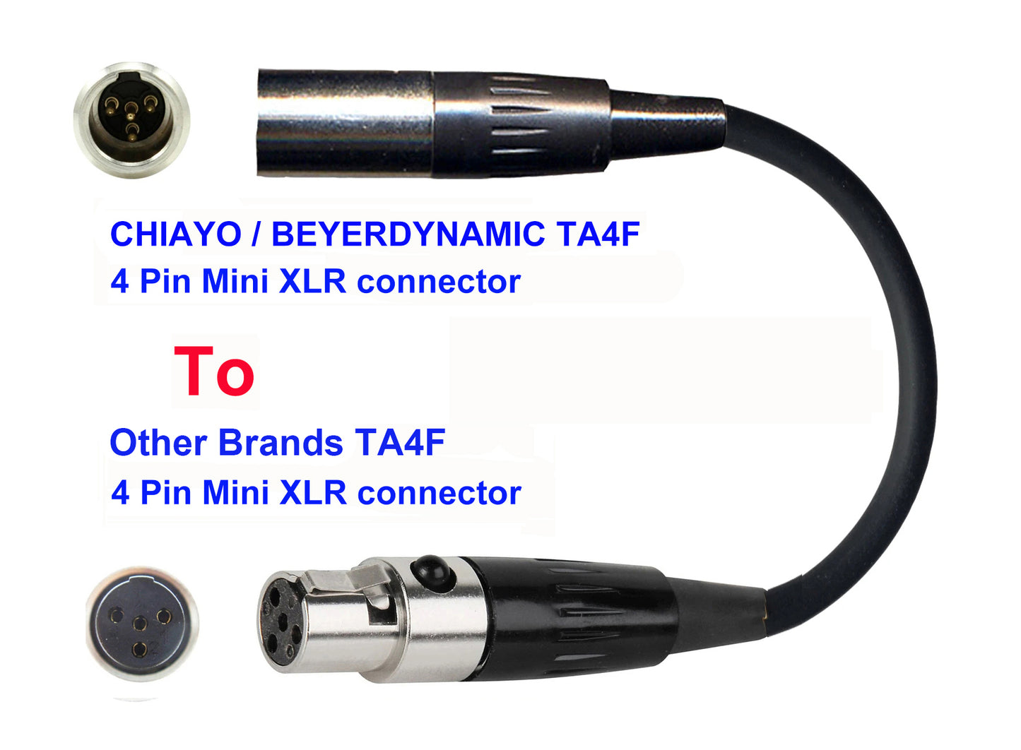 Microphone Adapter - Chiayo / JTS / Line6 / Beyerdynamic Microphones with TA4F 4 pin mini XLR connector TO Other Brands Transmitters with 4pin TA4M connector