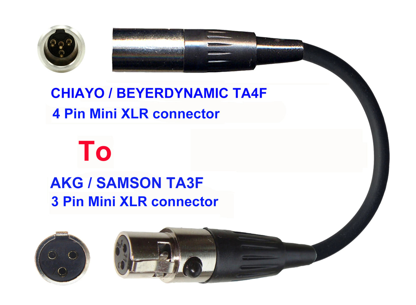 Microphone Adapter - Chiayo / JTS / Line6 / Beyerdynamic Microphones with TA4F 4 pin mini XLR connector TO AKG / Samson Transmitters with 3 pin TA3M connector