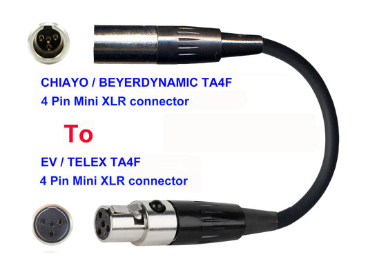Microphone Adapter - Chiayo / JTS / Line6 / Beyerdynamic Microphones with TA4F 4 pin mini XLR connector TO EV / Telex Transmitters with 4pin TA4M connector