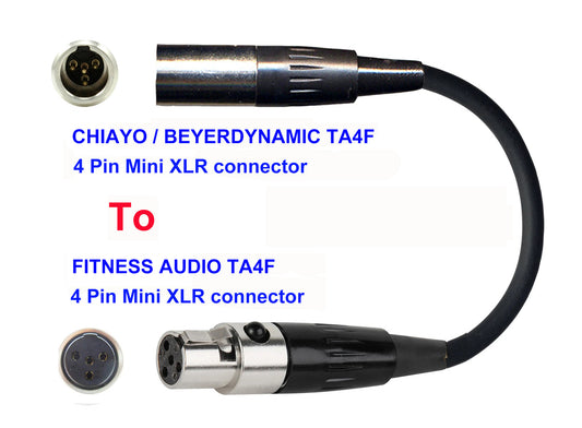 Microphone Adapter - Chiayo / JTS / Line6 / Beyerdynamic Microphones with TA4F 4 pin mini XLR connector TO Fitness Audio Transmitters with 4pin TA4M connector