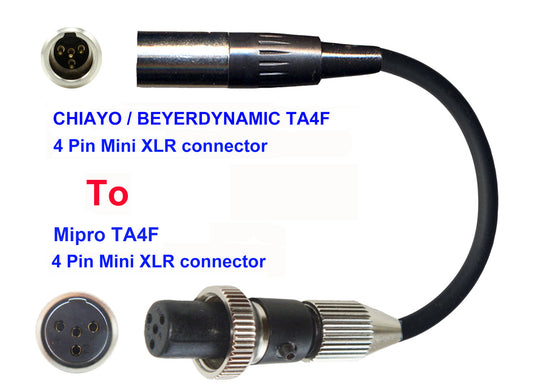 Microphone Adapter - Chiayo / JTS / Line6 / Beyerdynamic Microphones with TA4F 4 pin mini XLR connector TO Mipro Transmitters with 4 pin TA4M Locking connector