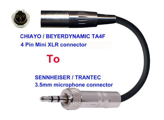 Microphone Adapter - Chiayo / JTS / Line6 / Beyerdynamic Microphones with TA4F 4 pin mini XLR connector TO Sennheiser / Trantec Transmitters with3.5mm Locking connector