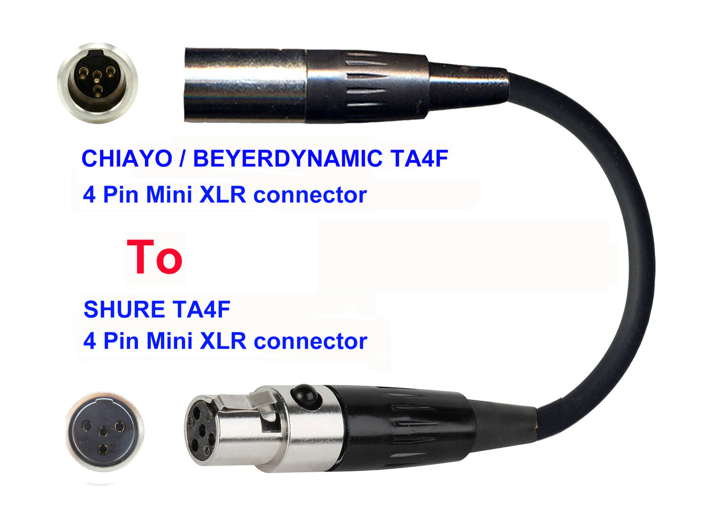 Microphone Adapter - Chiayo / JTS / Line6 / Beyerdynamic Microphones with TA4F 4 pin mini XLR connector TO Shure Transmitters with 4pin TA4M connector