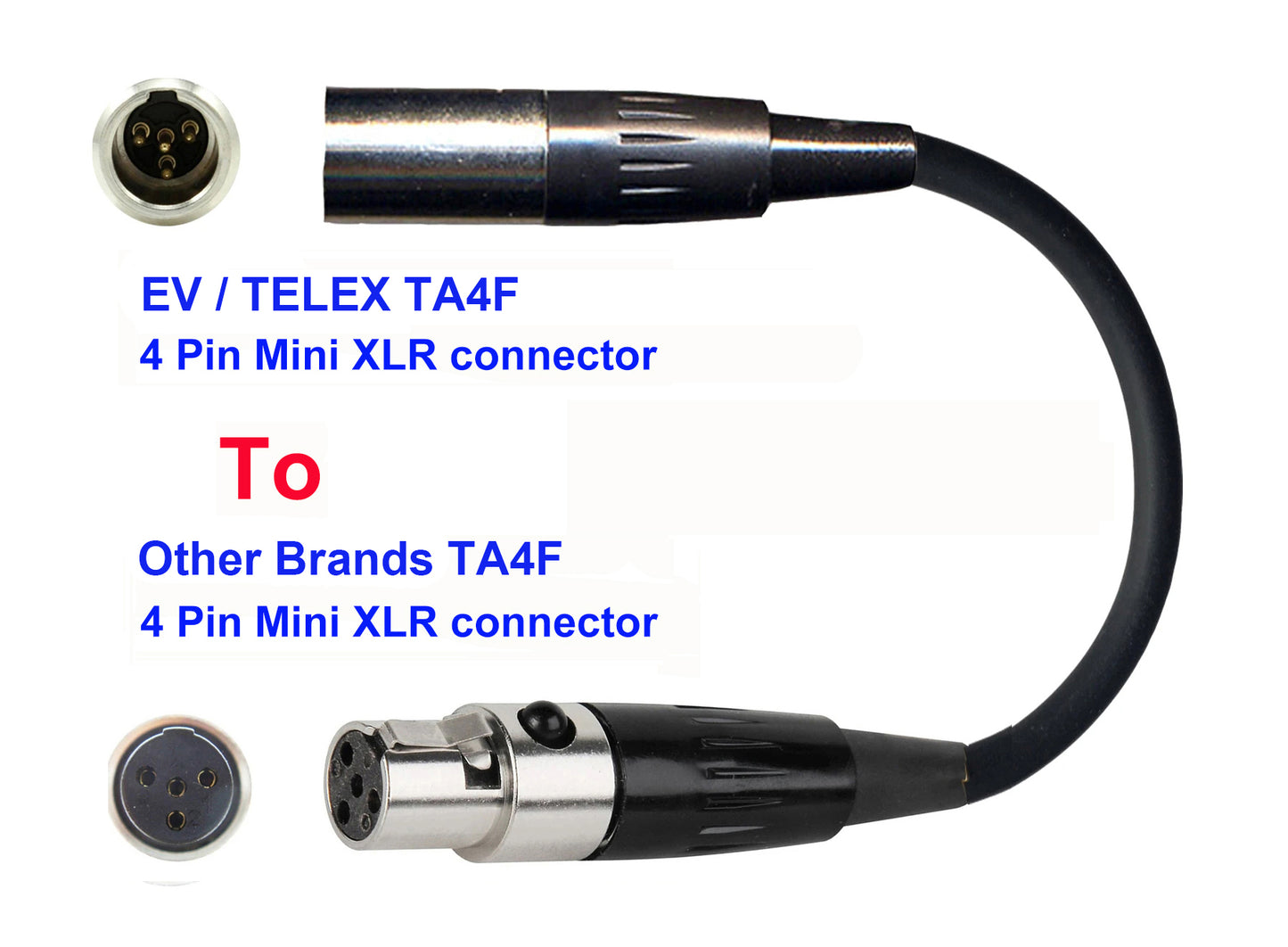 Microphone Adapter - EV / Telex Microphones with TA4F 4 pin mini XLR connector TO Other Brands Transmitters with 4pin TA4M connector