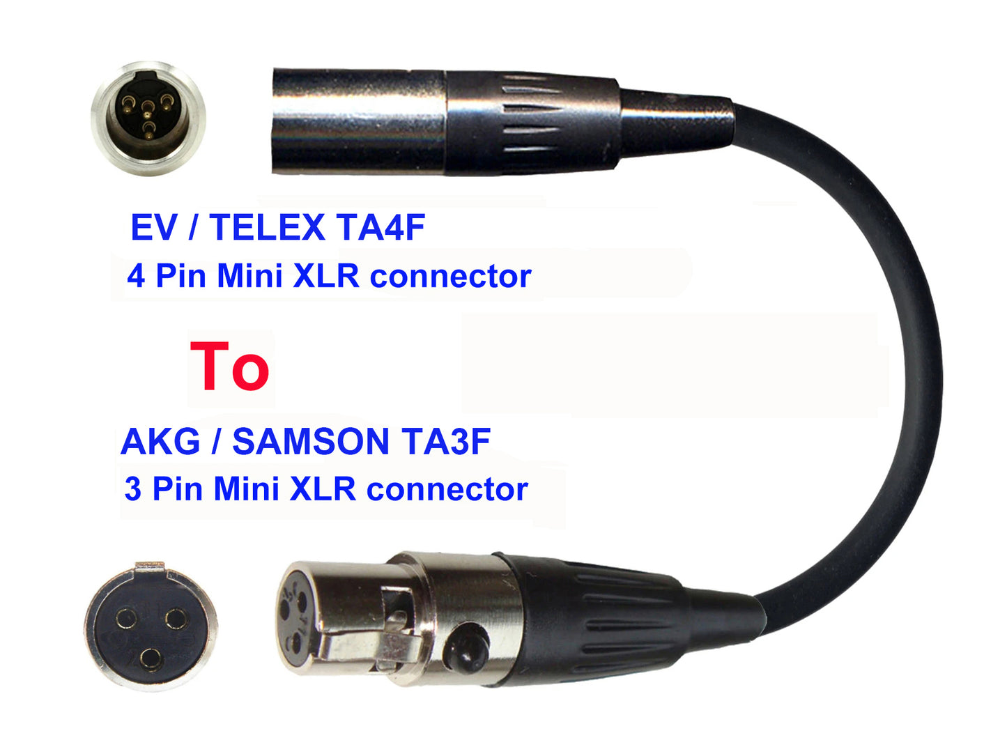 Microphone Adapter - EV / Telex Microphones with TA4F 4 pin mini XLR connector TO AKG / Samson Transmitters with 3 pin TA3M connector