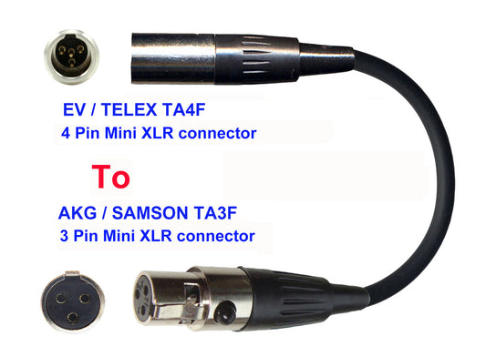 Microphone Adapter - EV / Telex Microphones with TA4F 4 pin mini XLR connector TO AKG / Samson Transmitters with 3 pin TA3M connector