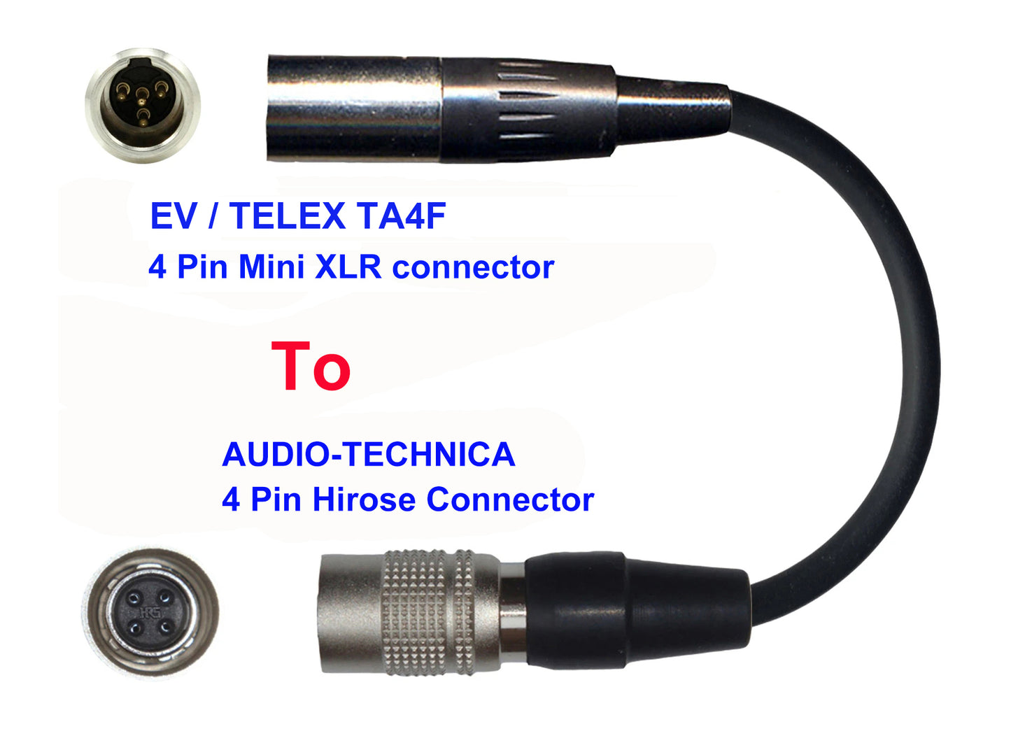 Microphone Adapter - EV / Telex Microphones with TA4F 4 pin mini XLR connector TO Audio-Technica Transmitters with 4 pin TA4M connector