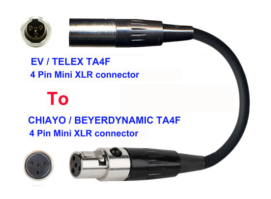 Microphone Adapter - EV / Telex Microphones with TA4F 4 pin mini XLR connector TO Chiayo / JTS / Line6 / Beyerdynamic Transmitters with 4pin TA4M connector