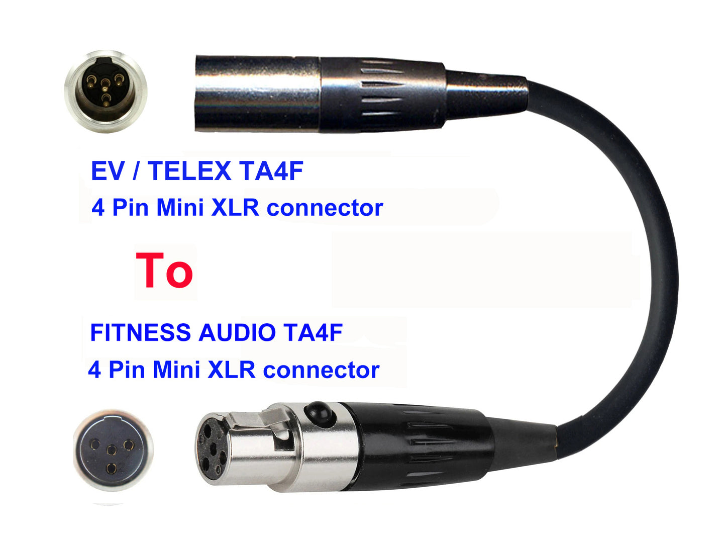 Microphone Adapter - EV / Telex Microphones with TA4F 4 pin mini XLR connector TO Fitness Audio Transmitters with 4pin TA4M connector