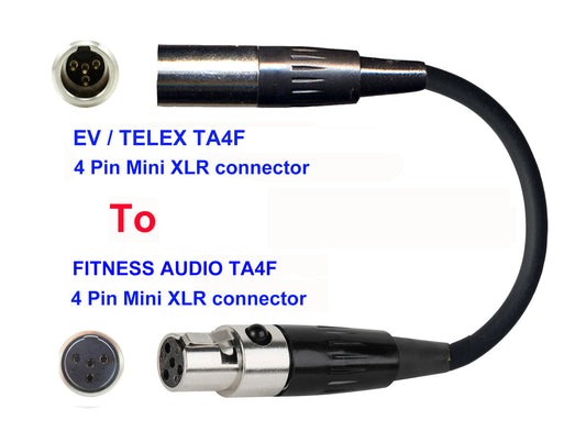 Microphone Adapter - EV / Telex Microphones with TA4F 4 pin mini XLR connector TO Fitness Audio Transmitters with 4pin TA4M connector