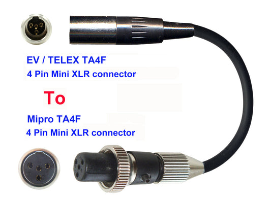Microphone Adapter - EV / Telex Microphones with TA4F 4 pin mini XLR connector TO Mipro Transmitters with 4 pin TA4M Locking connector