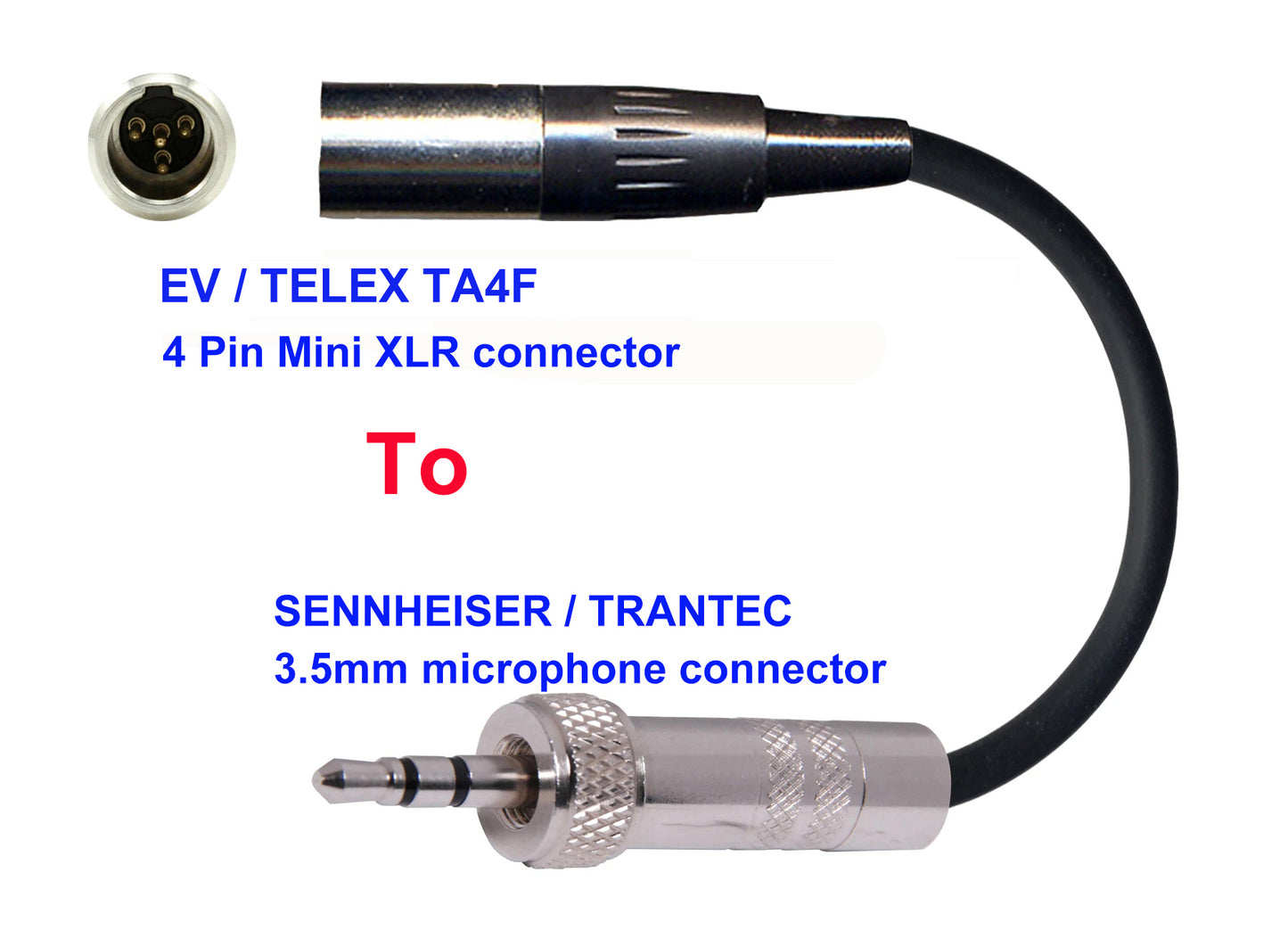 Microphone Adapter - EV / Telex Microphones with TA4F 4 pin mini XLR connector TO Sennheiser / Trantec Transmitters with 3.5mm Locking connector