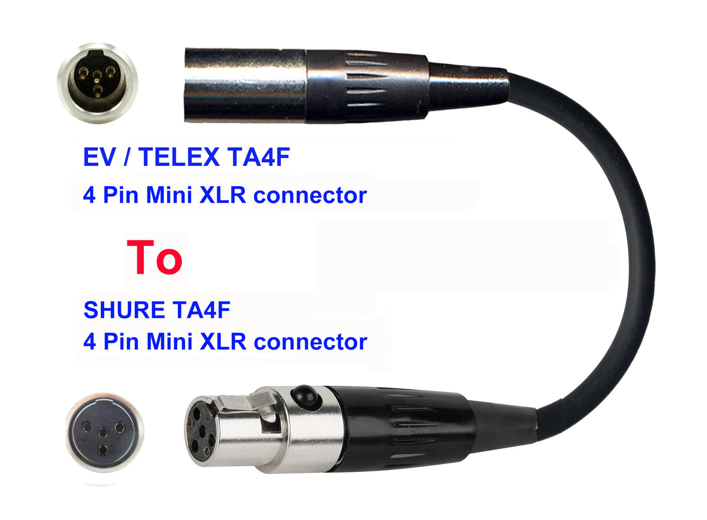 Microphone Adapter - EV / Telex Microphones with TA4F 4 pin mini XLR connector TO Shure Transmitters with 4pin TA4M connector