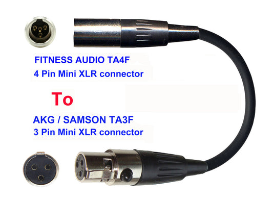 Microphone Adapter - Fitness Audio / Aeromic / Emic Microphones with TA4F 4 pin mini XLR connector TO AKG / Samson Transmitters with 3 pin TA3M connector