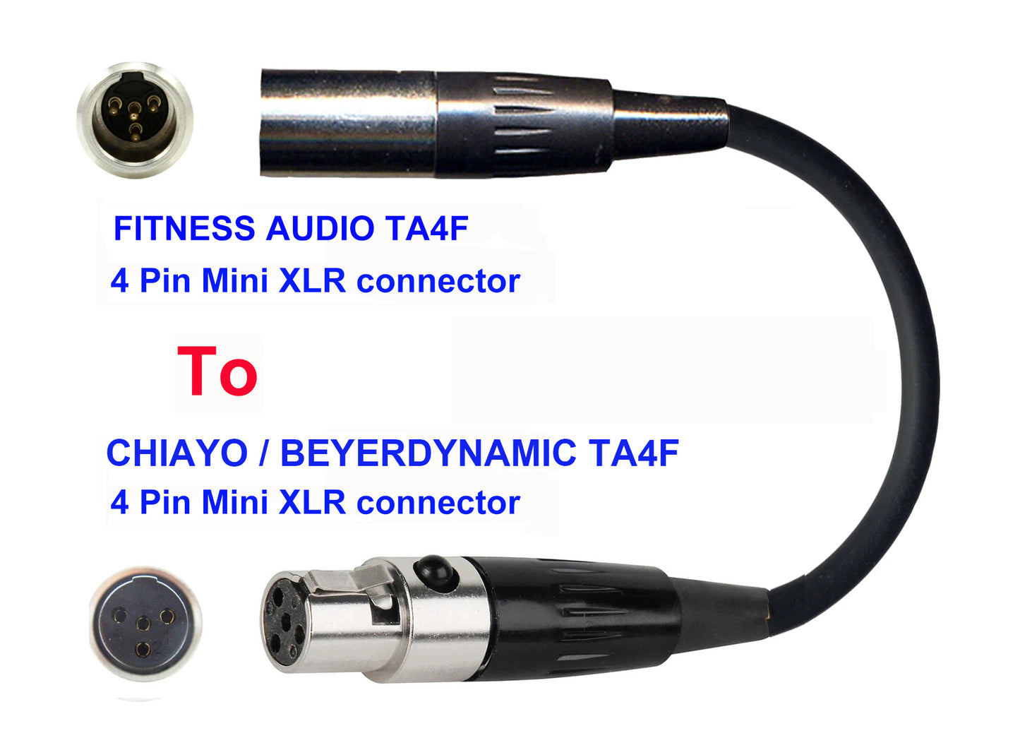Microphone Adapter - Fitness Audio / Aeromic / Emic Microphones with TA4F 4 pin mini XLR connector TO Chiayo / JTS / Line6 / Beyerdynamic Transmitters with 4pin TA4M connector