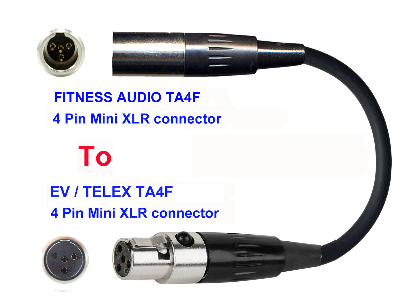 Microphone Adapter - Fitness Audio / Aeromic / Emic Microphones with TA4F 4 pin mini XLR connector TO EV / Telex Transmitters with 4pin TA4M connector