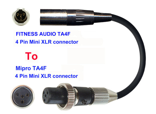 Microphone Adapter - Fitness Audio / Aeromic / Emic Microphones with TA4F 4 pin mini XLR connector TO Mipro Transmitters with 4 pin TA4M Locking connector