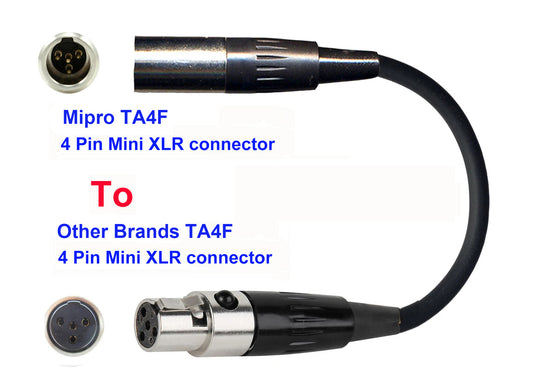 Microphone Adapter - Mipro Microphones with TA4F 4 pin mini XLR Locking connector TO Other Brands Transmitters with 4pin TA4M connector