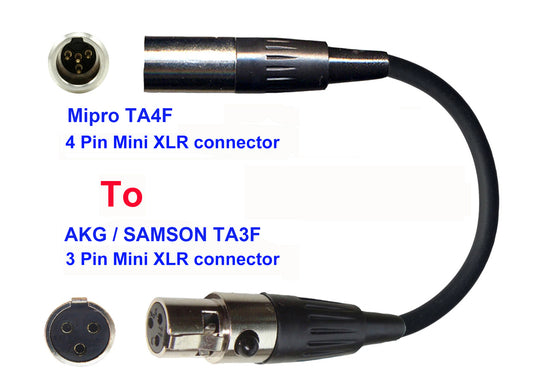 Microphone Adapter - Mipro Microphones with TA4F 4 pin mini XLR Locking connector TO AKG / Samson Transmitters with 3 pin TA3M connector