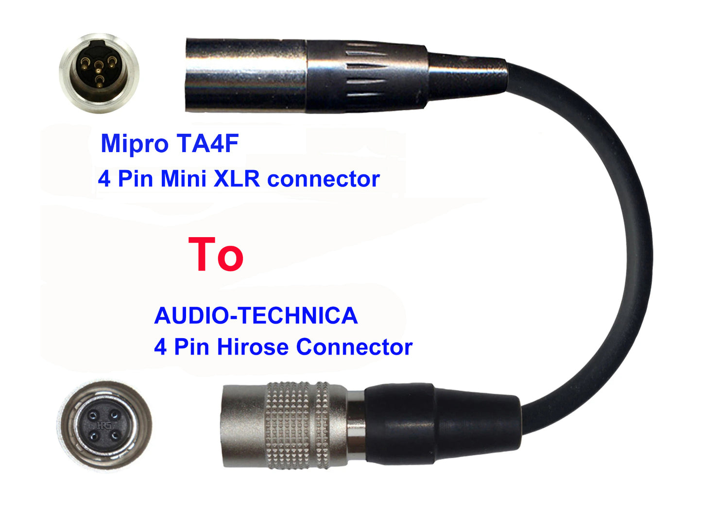 Microphone Adapter - Mipro Microphones with TA4F 4 pin mini XLR Locking connector TO Audio-Technica Transmitters with 4 pin TA4M connector