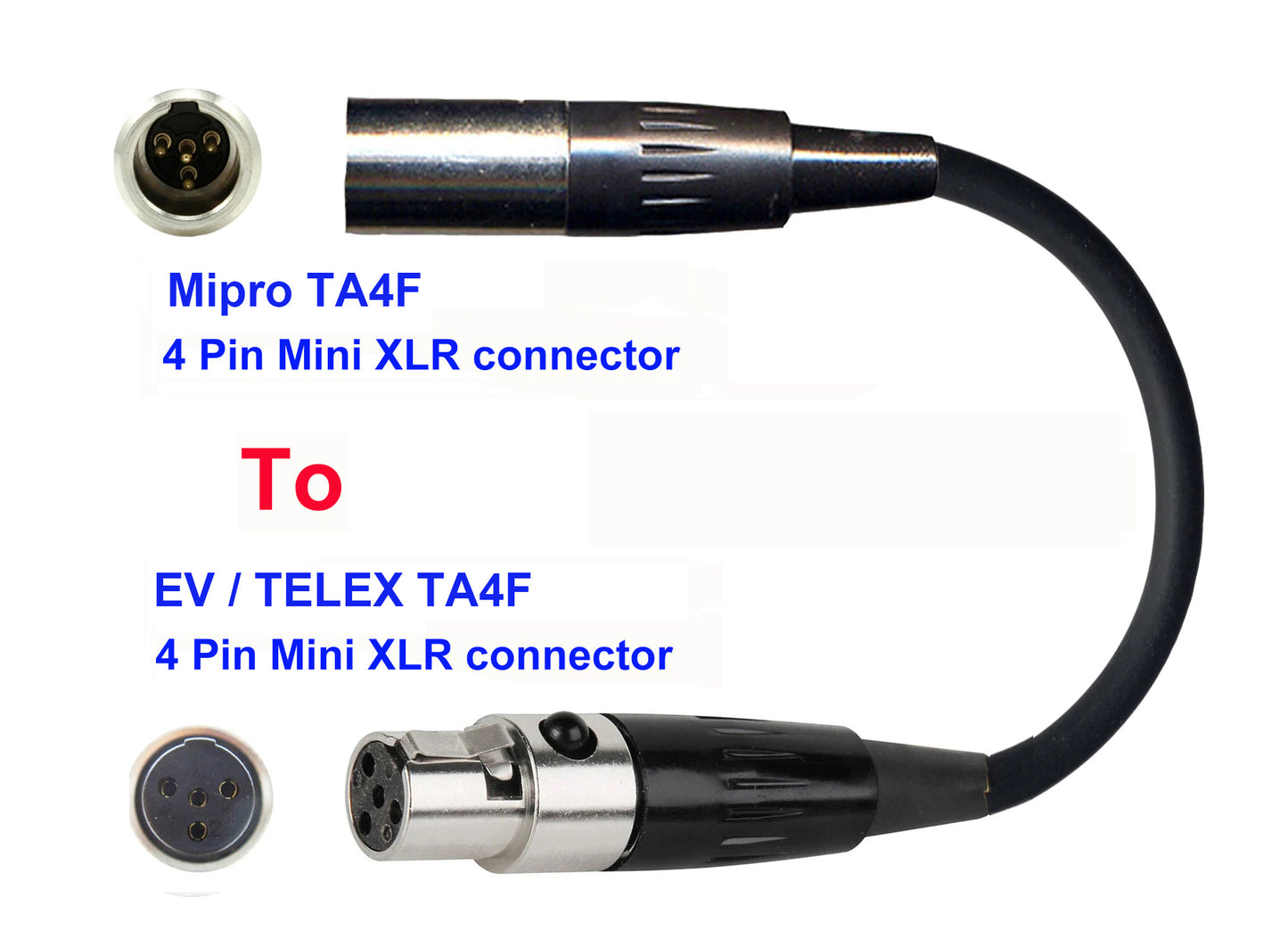 Microphone Adapter - Mipro Microphones with TA4F 4 pin mini XLR Locking connector TO EV / Telex Transmitters with 4 Pin TA4M connector