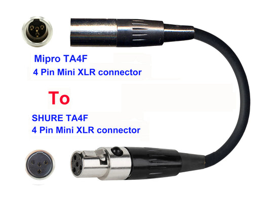 Microphone Adapter - Mipro Microphones with TA4F 4 pin mini XLR Locking connector TO Shure Transmitters with 4pin TA4M connector