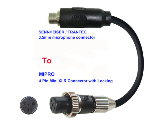 Microphone Adapter - Sennheiser / Trantec Microphones with 3.5mm Locking connector TO Mipro Transmitters with 4 Pin TA4M Locking connector