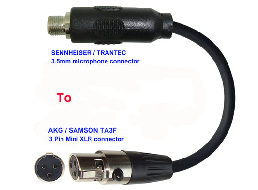 Microphone Adapter - Sennheiser / Trantec Microphones with 3.5mm Locking connector TO AKG / Samson Transmitters with 3 pin TA3M connector