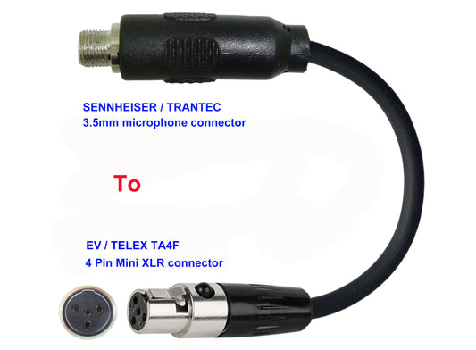 Microphone Adapter - Sennheiser / Trantec Microphones with 3.5mm Locking connector TO EV / Telex Transmitters with 4 pin TA4M connector