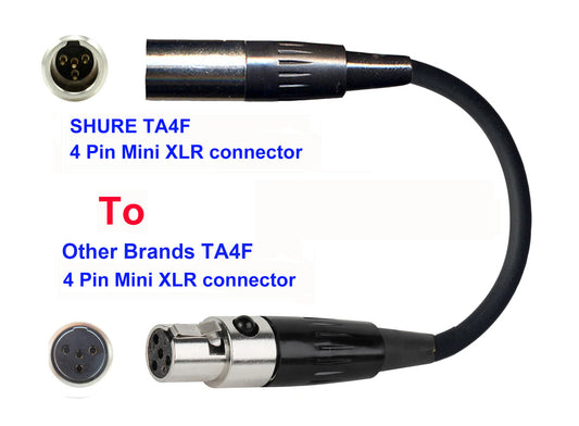Microphone Adapter - Shure Microphones with TA4F 4 pin mini XLR connector TO Other Brands Transmitters with 4 pin TA4M connector