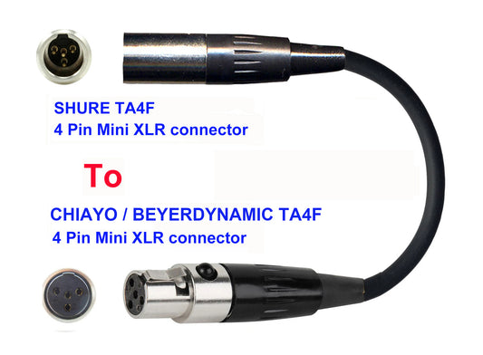 Microphone Adapter - Shure Microphones with TA4F 4 pin mini XLR connector TO Chiayo / JTS / Line6 / Beyerdynamic Transmitters with 4 pin TA4M connector
